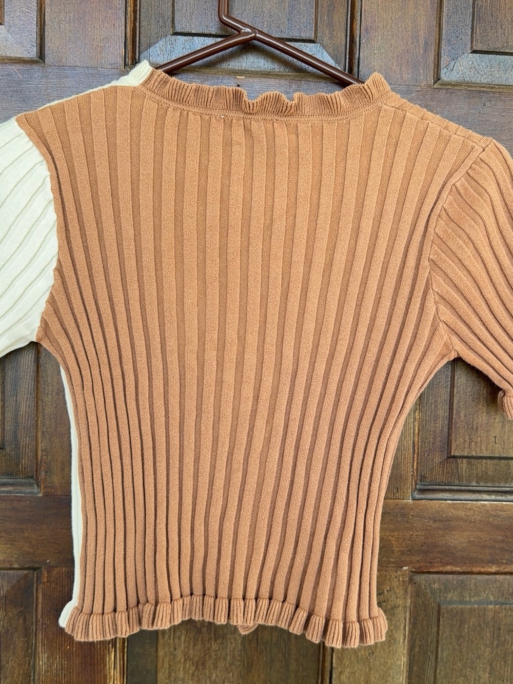 Finders Keepers Ribbed Two-Tone Ruffle-Edge Top — Brown & Cream - Picture 5 of 6